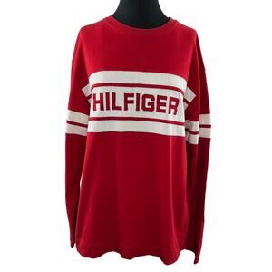 Vintage TOMMY HILFIGER Spellout Red White Cotton Long Sleeve Sweatshirt Size XL